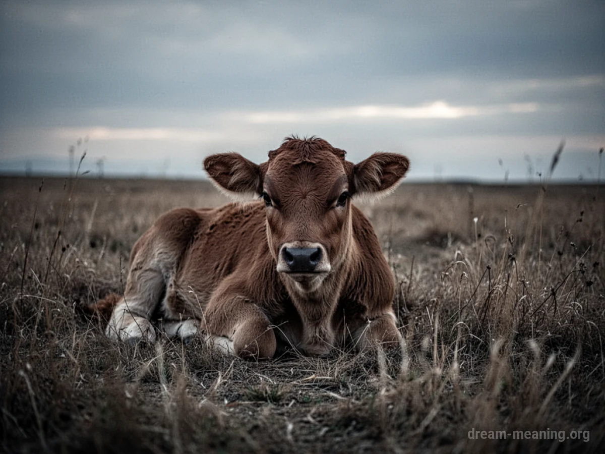 A small, still calf lies on the ground in a field.