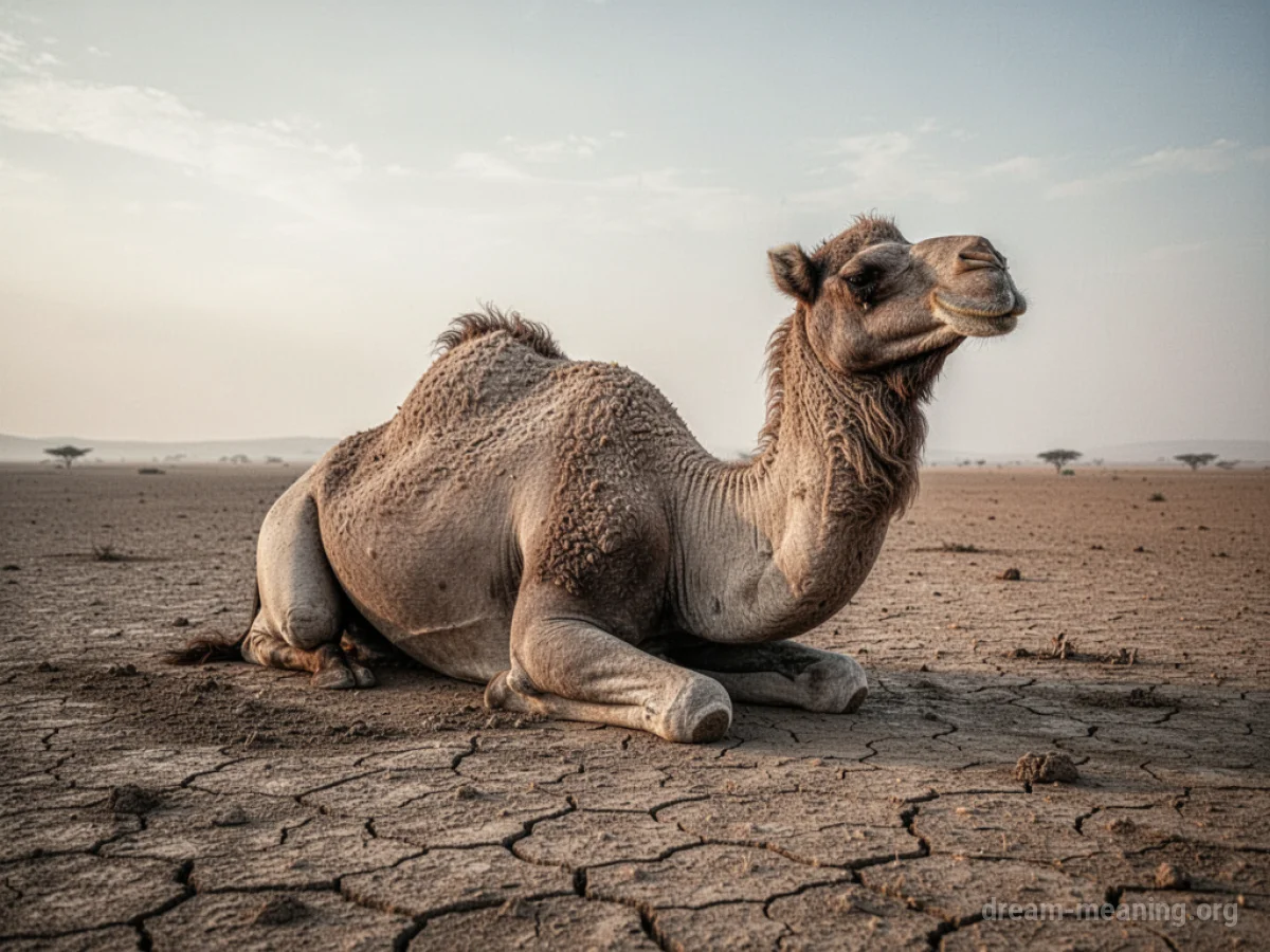 A camel lying motionless on barren ground.