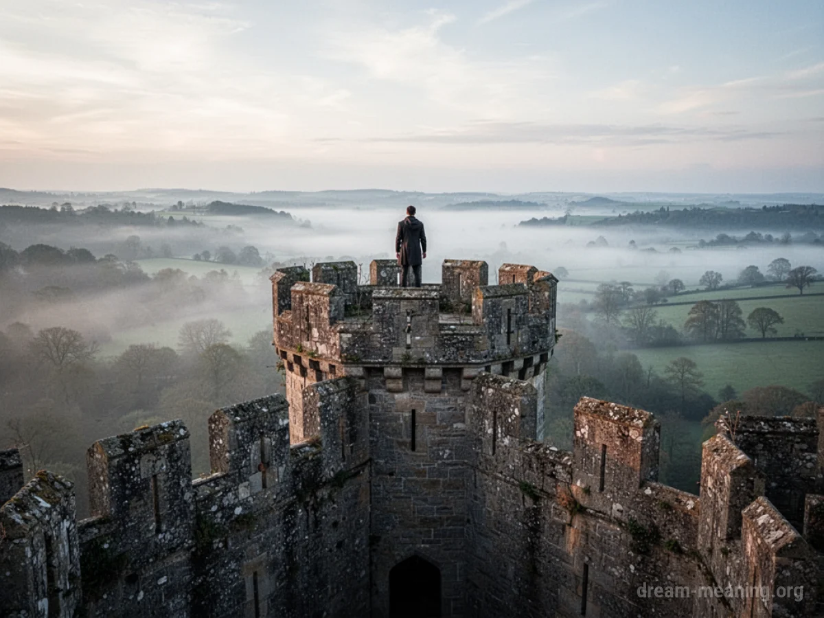 Silhouette of a person on a castle tower overlooking a foggy valley.