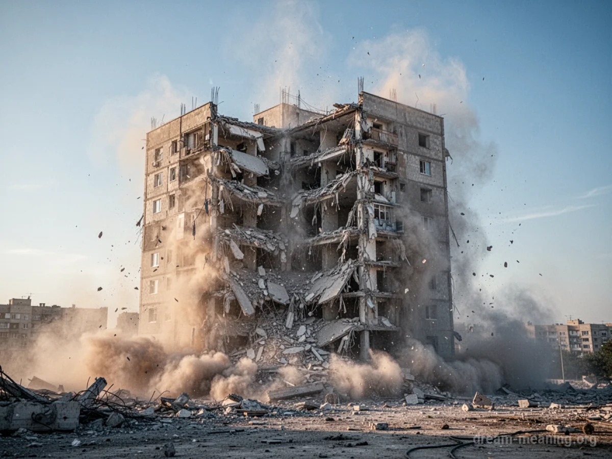 A building undergoing controlled demolition with dust in the air.