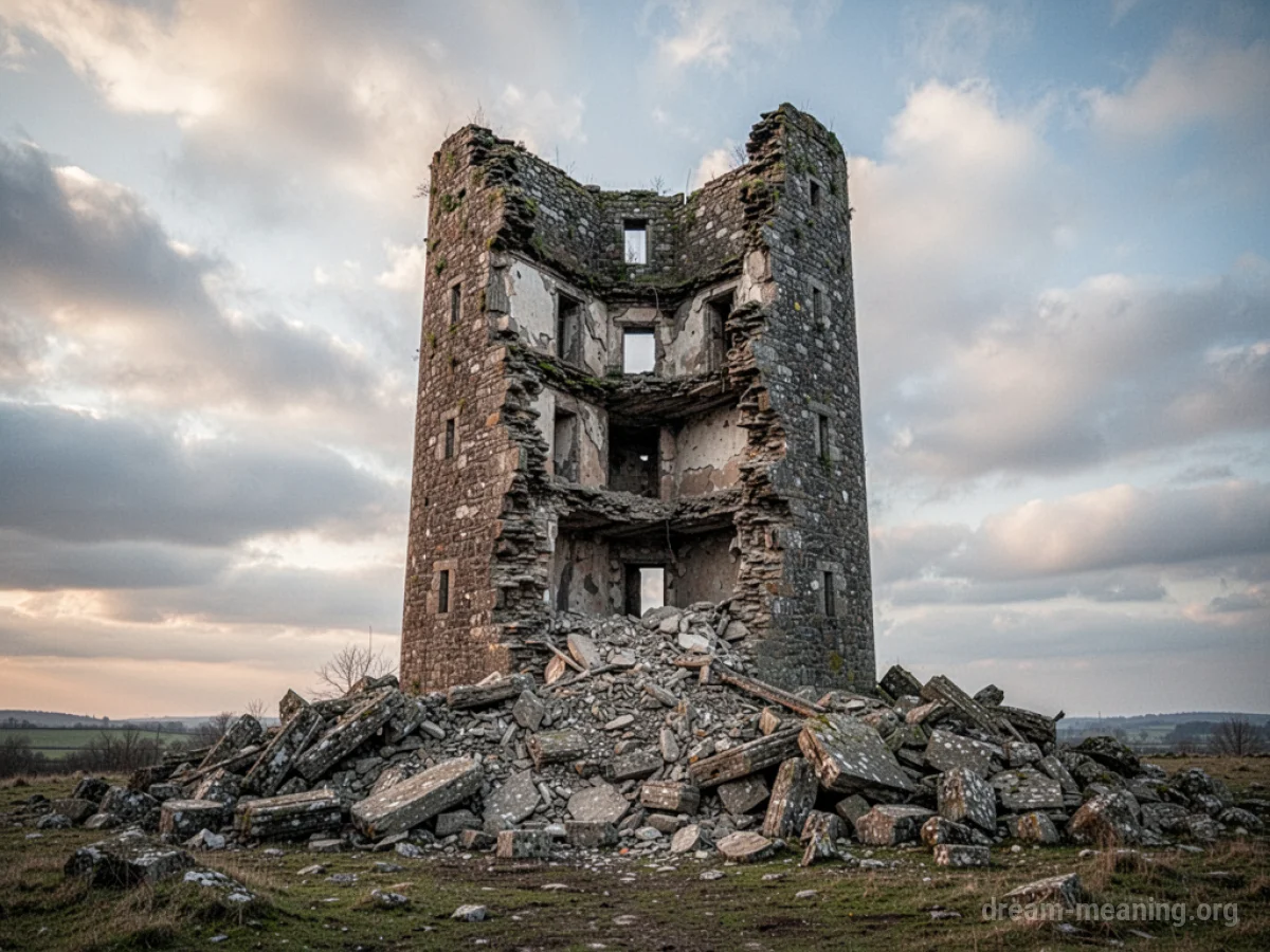 A broken stone tower with missing sections and rubble at its base.