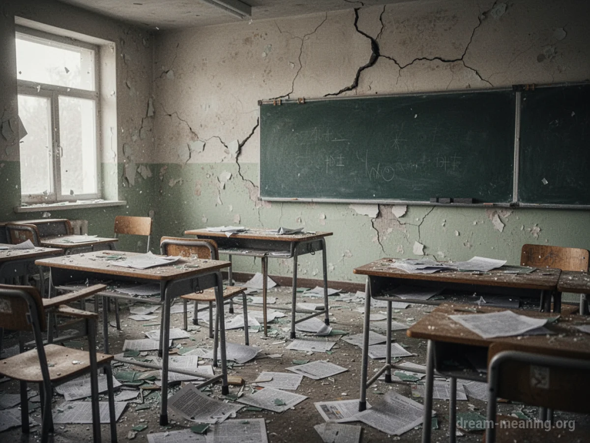 Interior of a damaged classroom with debris.