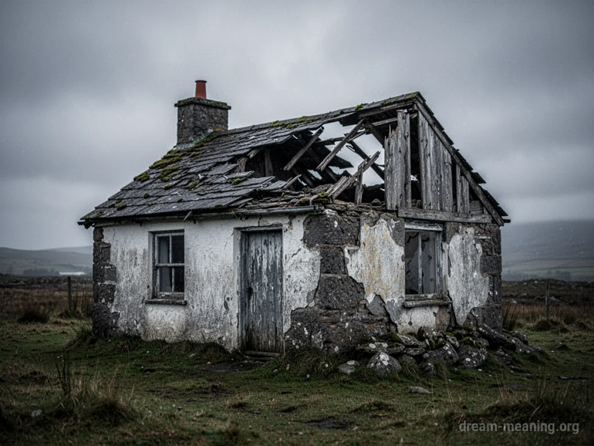 A dilapidated cottage with broken roof and walls.