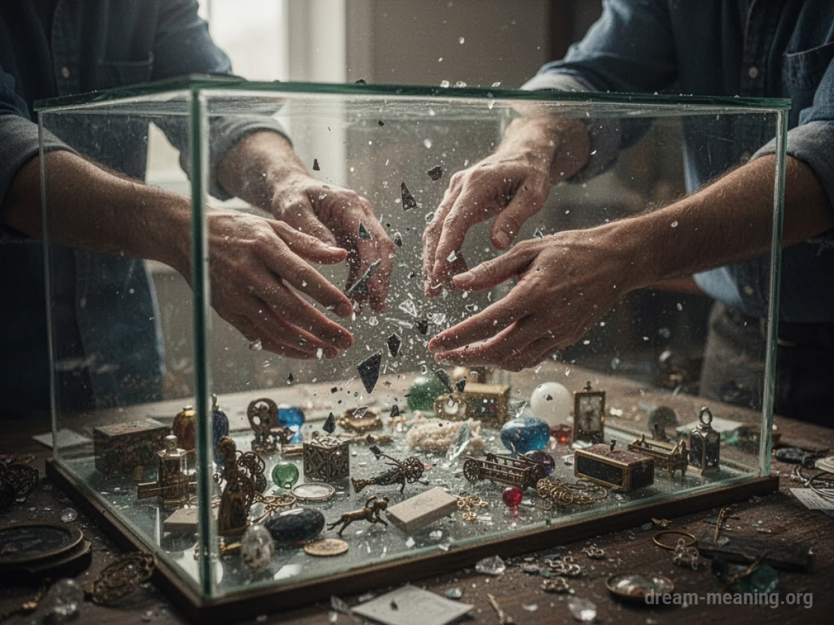 Hands breaking a glass case containing many items.
