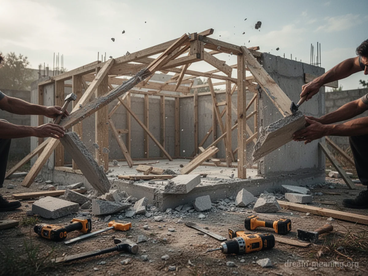 A building under construction being taken apart, with debris scattered around.