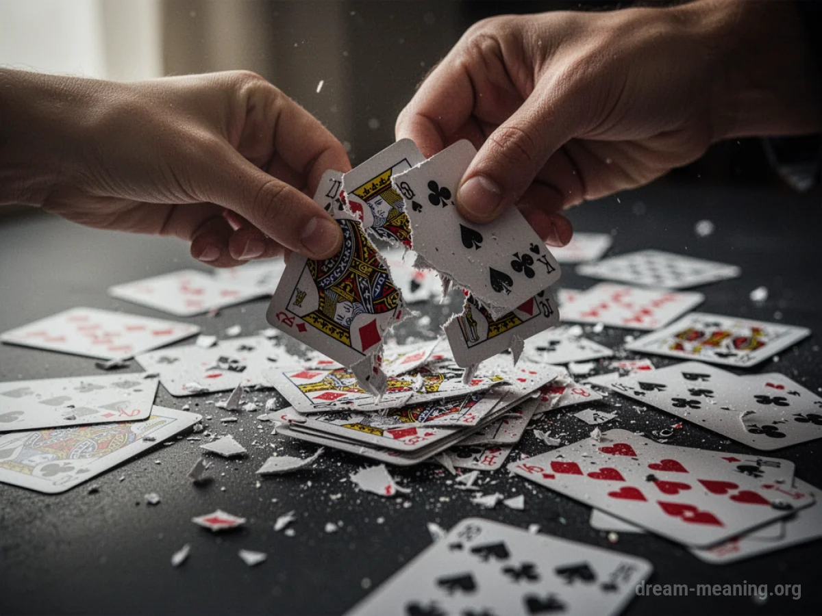 A person's hand ripping a deck of playing cards.