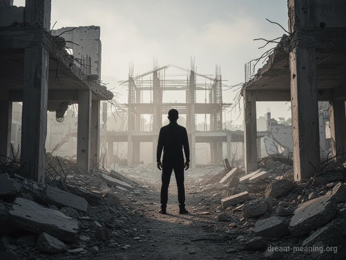 Silhouette of a person standing between a destroyed building and a partially formed new building.