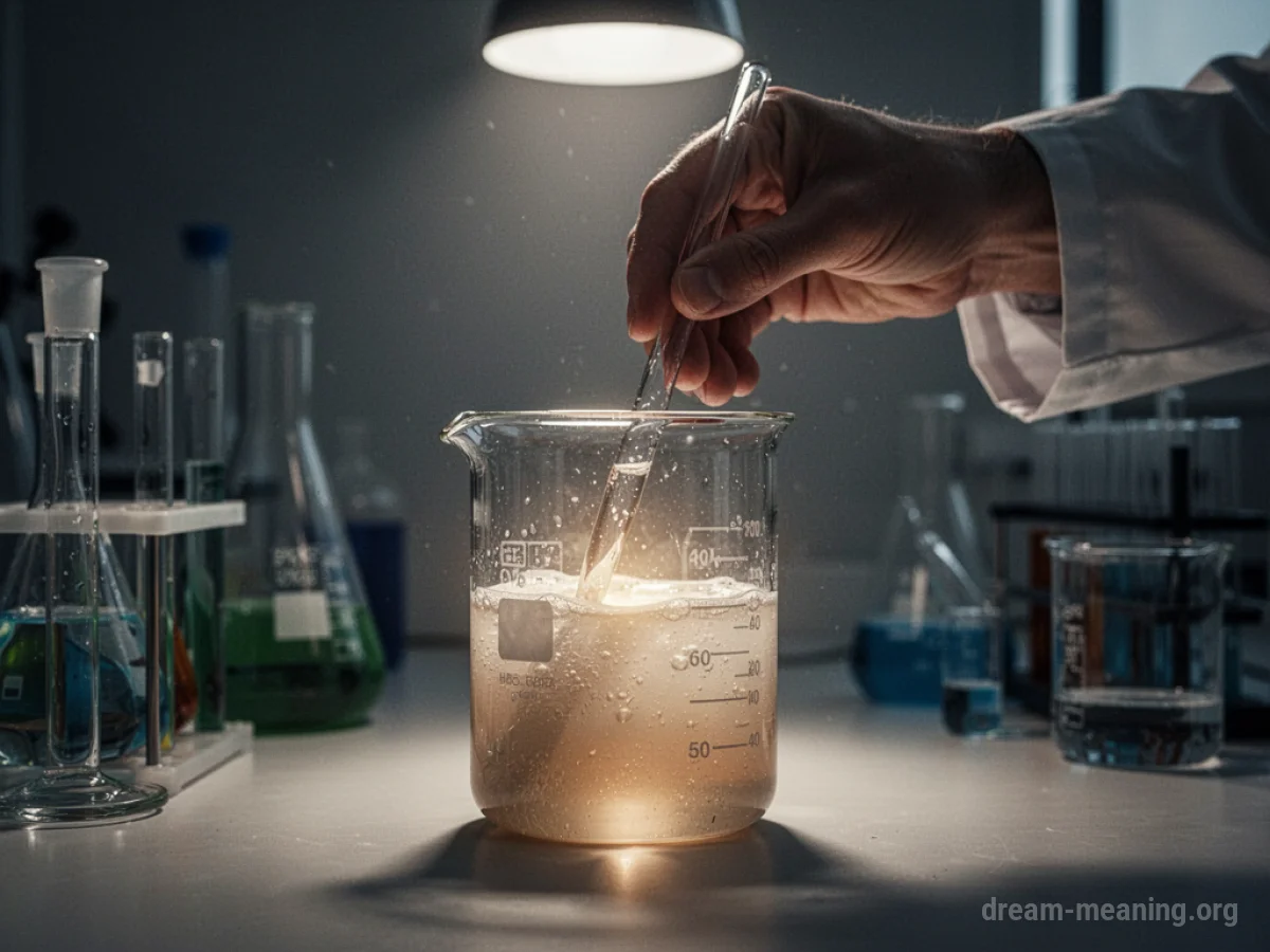 A close-up view of a hand holding a beaker with a glowing liquid.