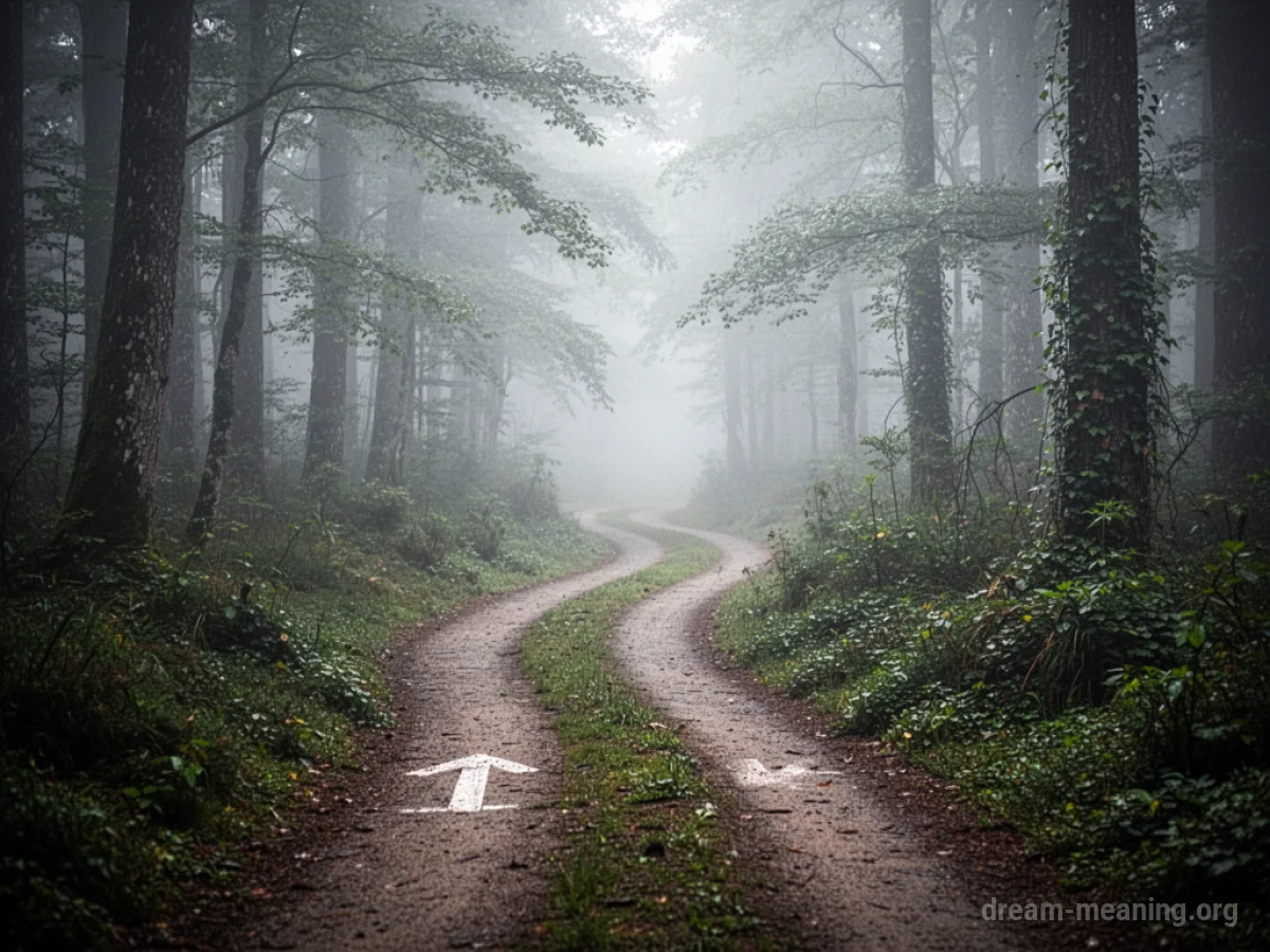 Two paths diverging in a misty forest.