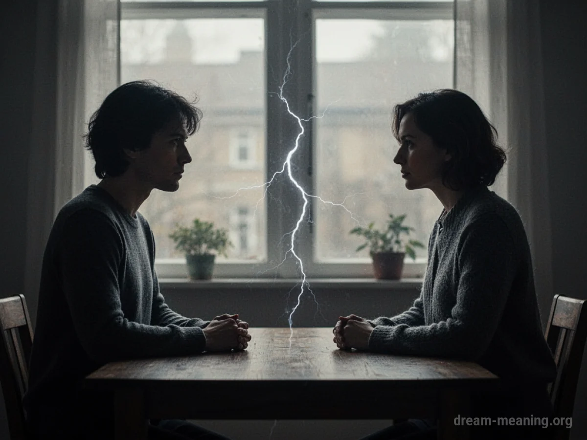Silhouettes of two people at a table with a visual representation of tension between them.
