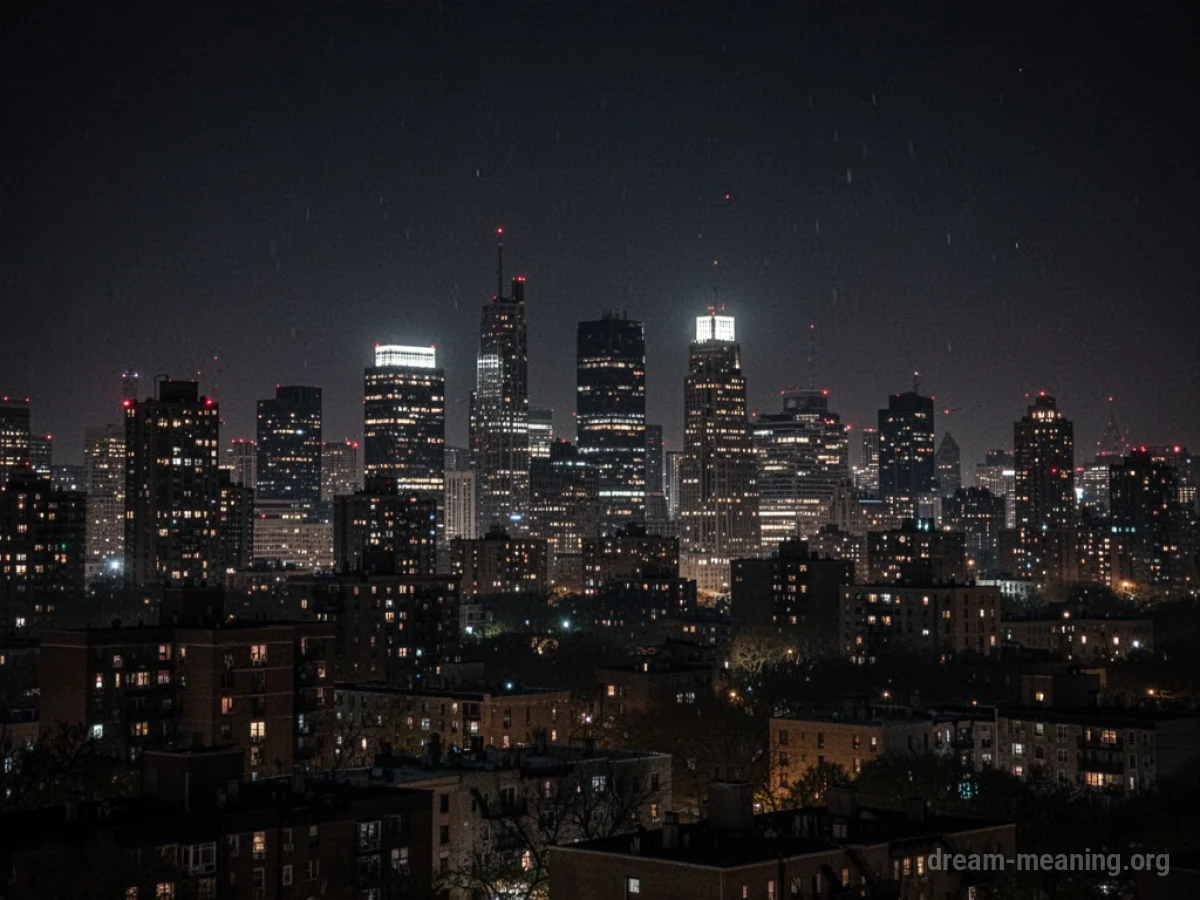 A city skyline with muted and flickering lights against a dark night sky.