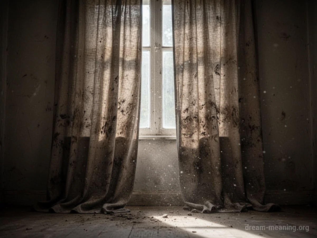 Heavy, dirty curtains hanging in a dark room.