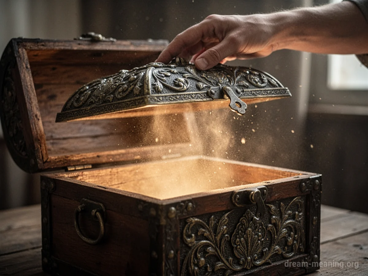 A hand opens a chest, light shines out.