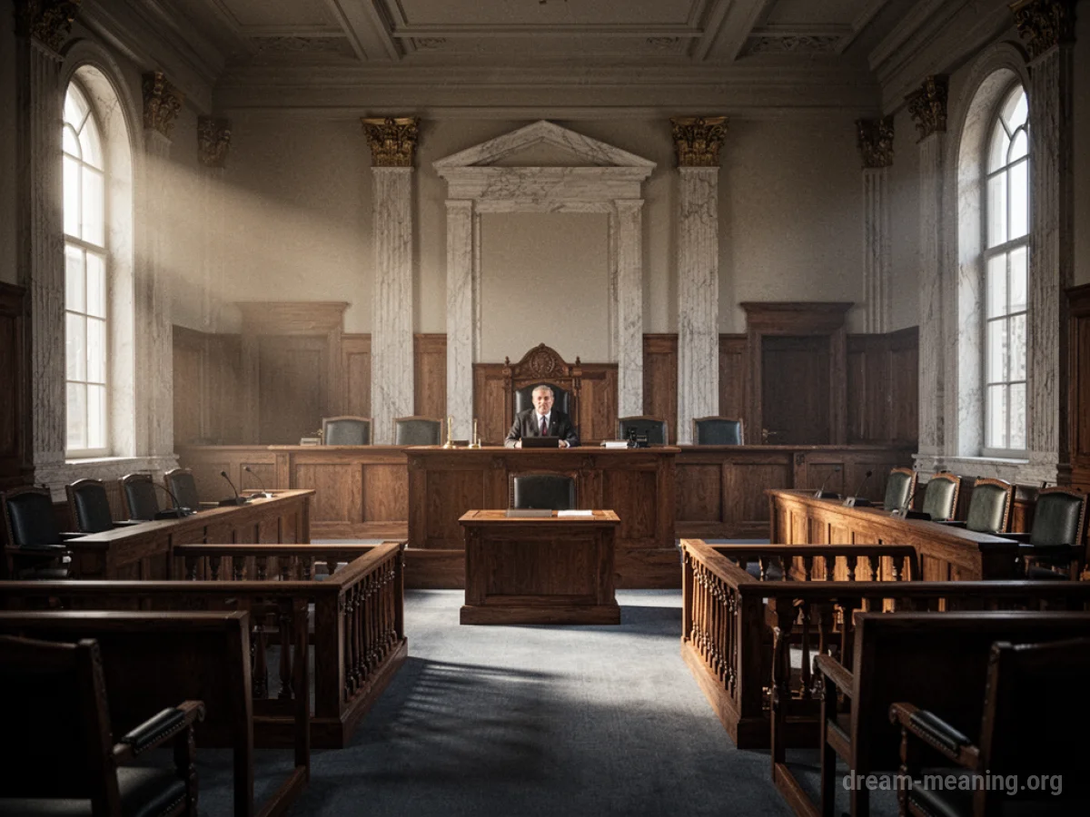 An empty courtroom with wooden benches and a judge's stand.