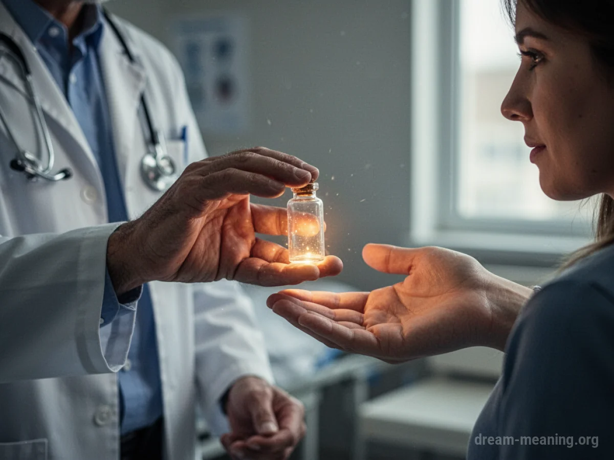 A doctor's hand holding out a glowing vial.