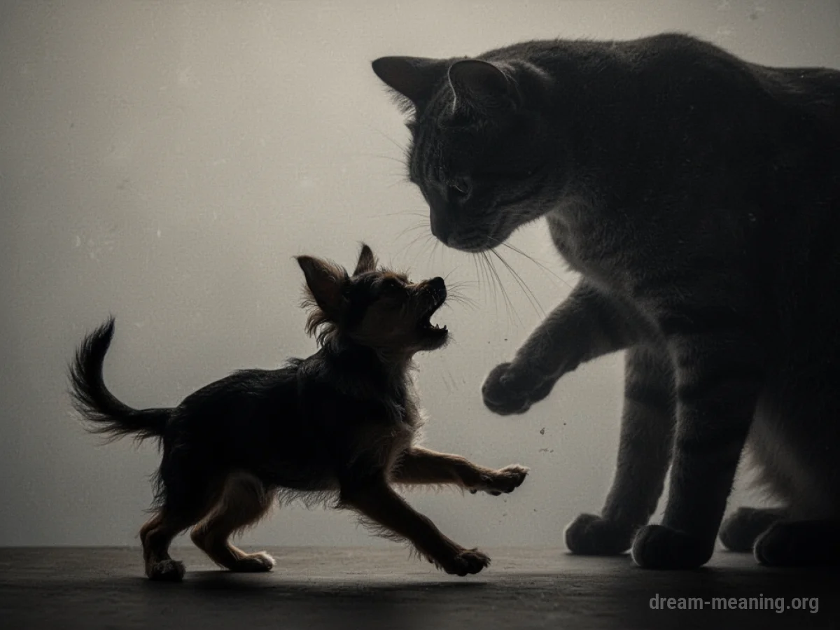 Silhouette of a dog being cornered by a shadow cat.