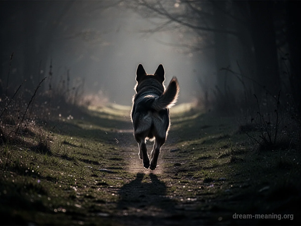 Silhouette of a dog running away from the viewer.