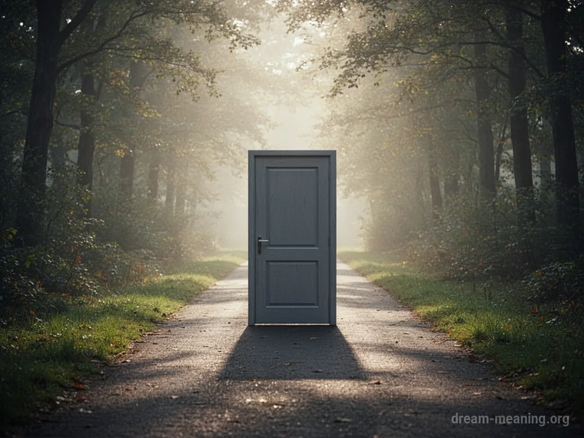 A closed door stands in the middle of a path leading towards a bright light.