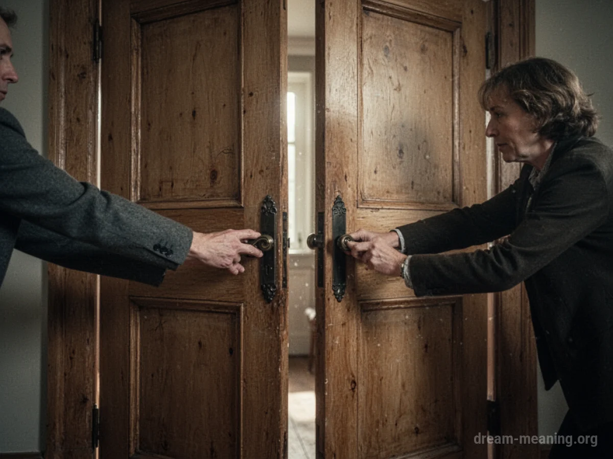 A hand reaching for a doorknob as the door swings shut.