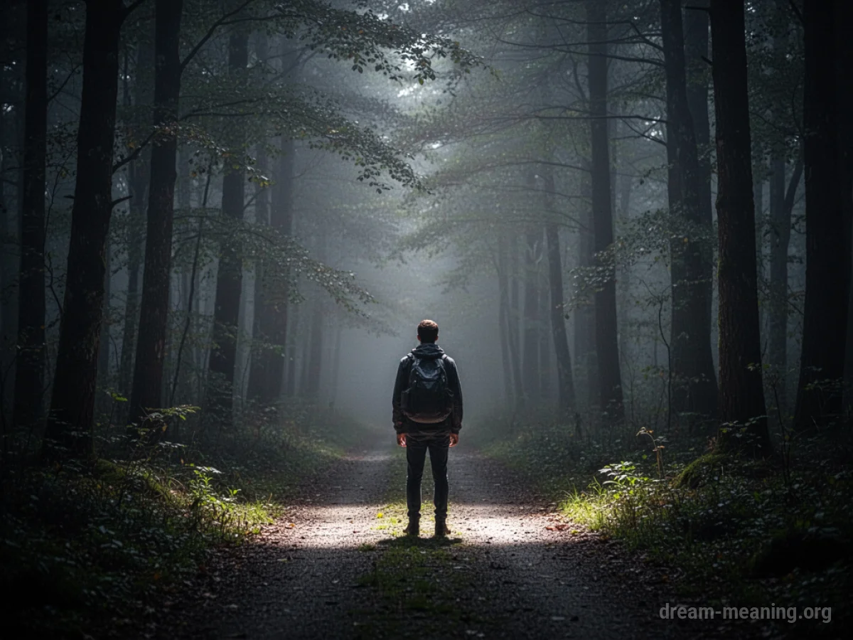 Person at edge of lit path looking into dark forest.