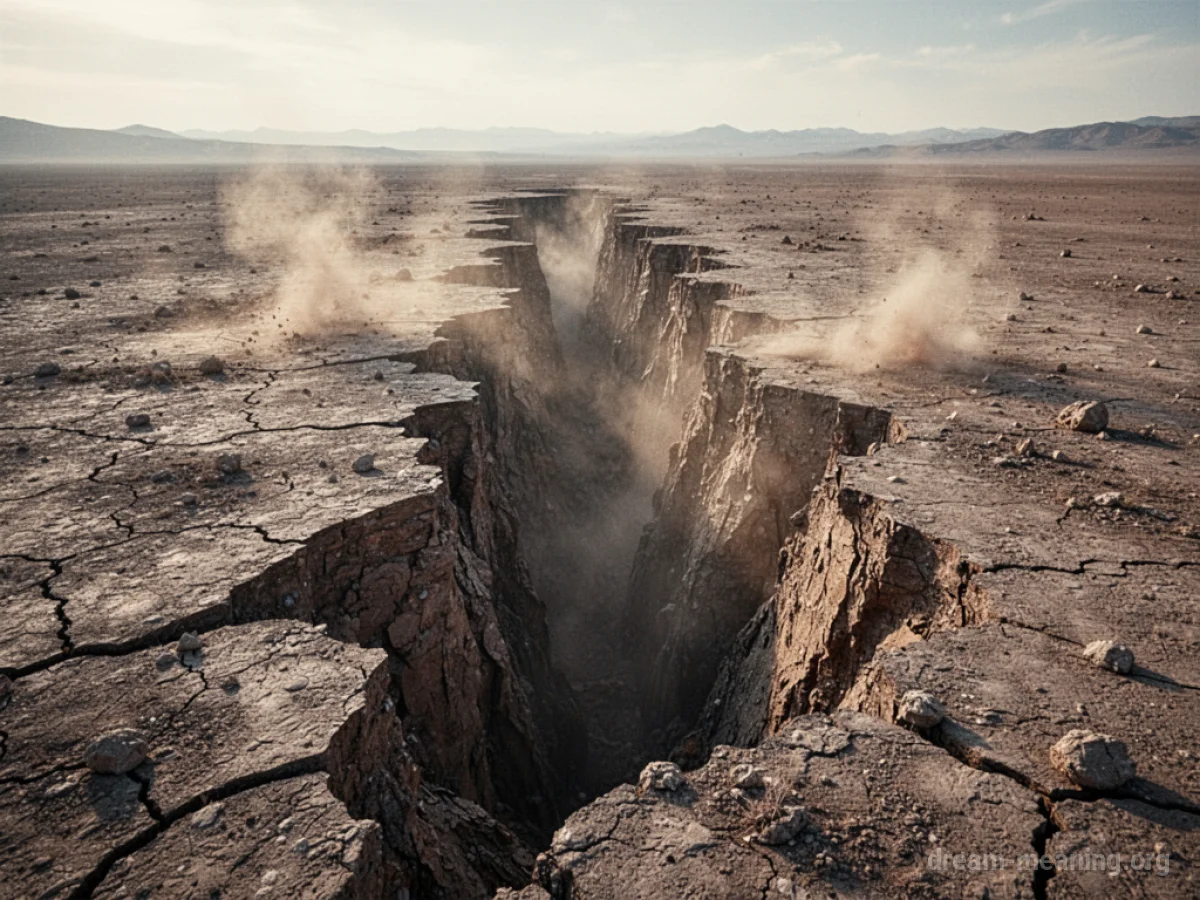 A large crack splitting the dry earth in a landscape.