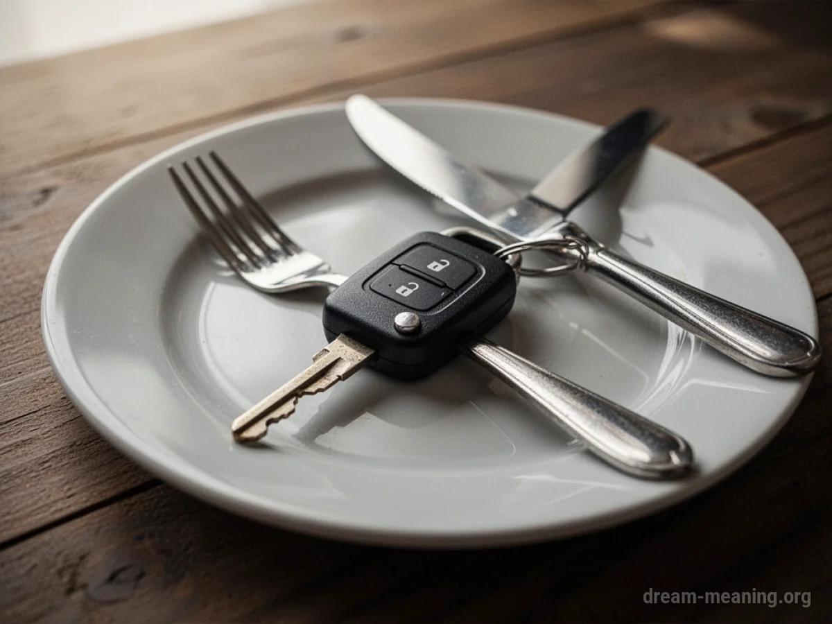 A car key placed on a dinner plate with cutlery.