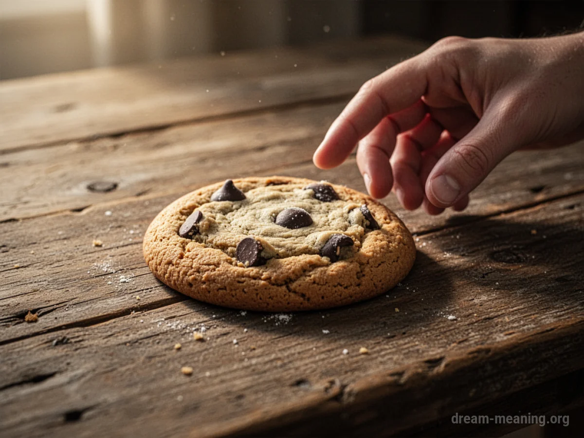 A hand reaching for a single cookie on a table.