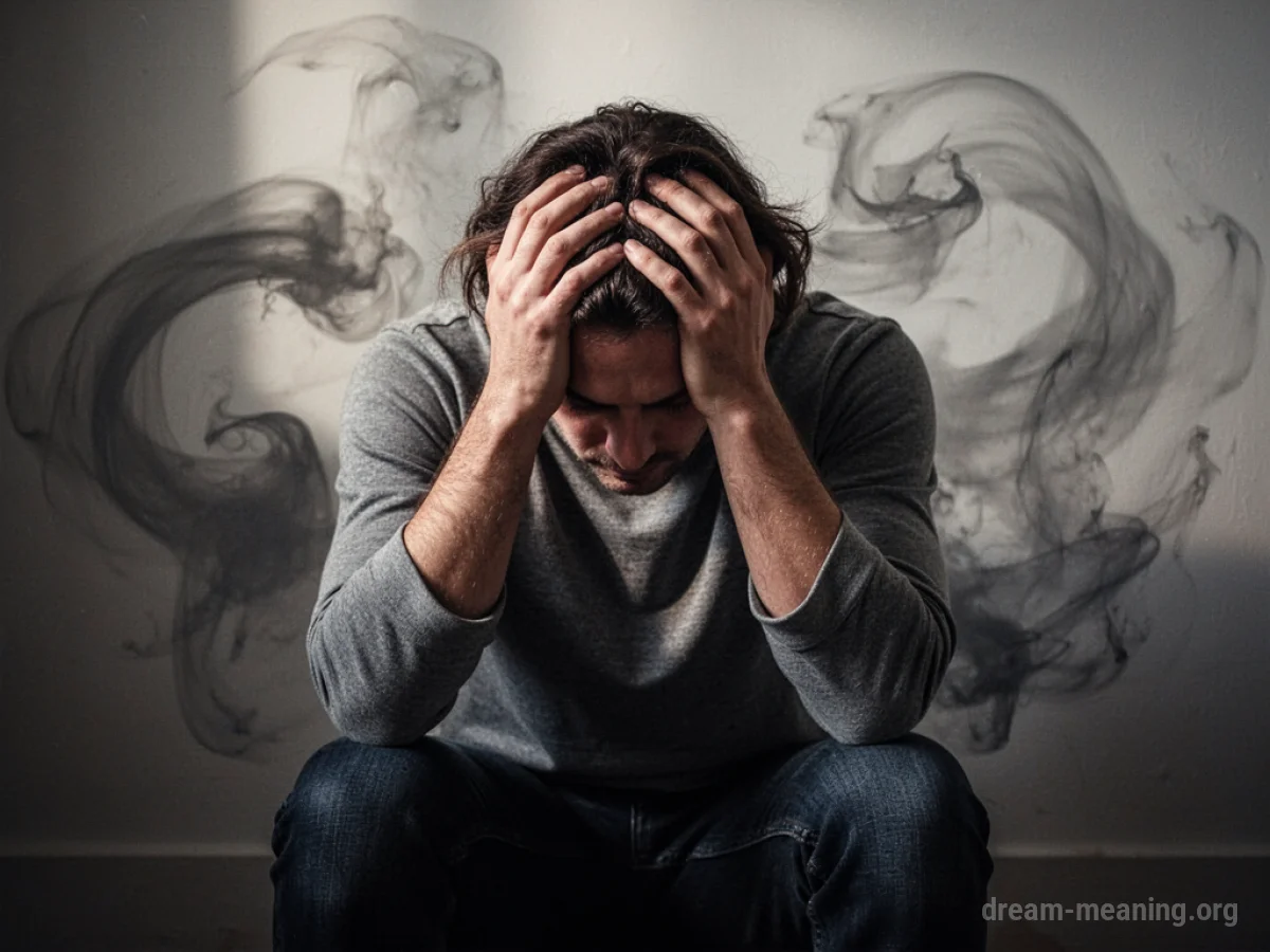 A person sits with their head bowed, hands covering their face, with indistinct shadowy shapes around them.