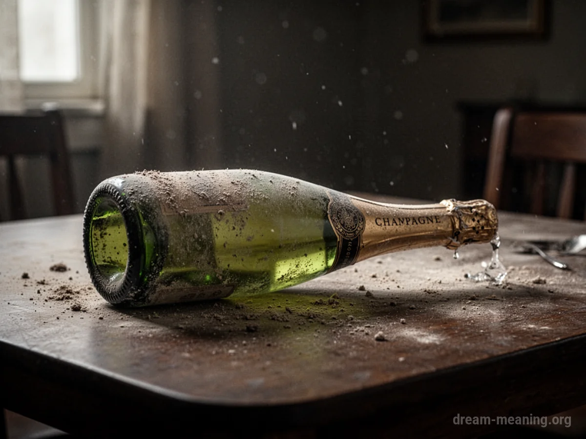 An empty champagne bottle lies on its side on a wooden table.