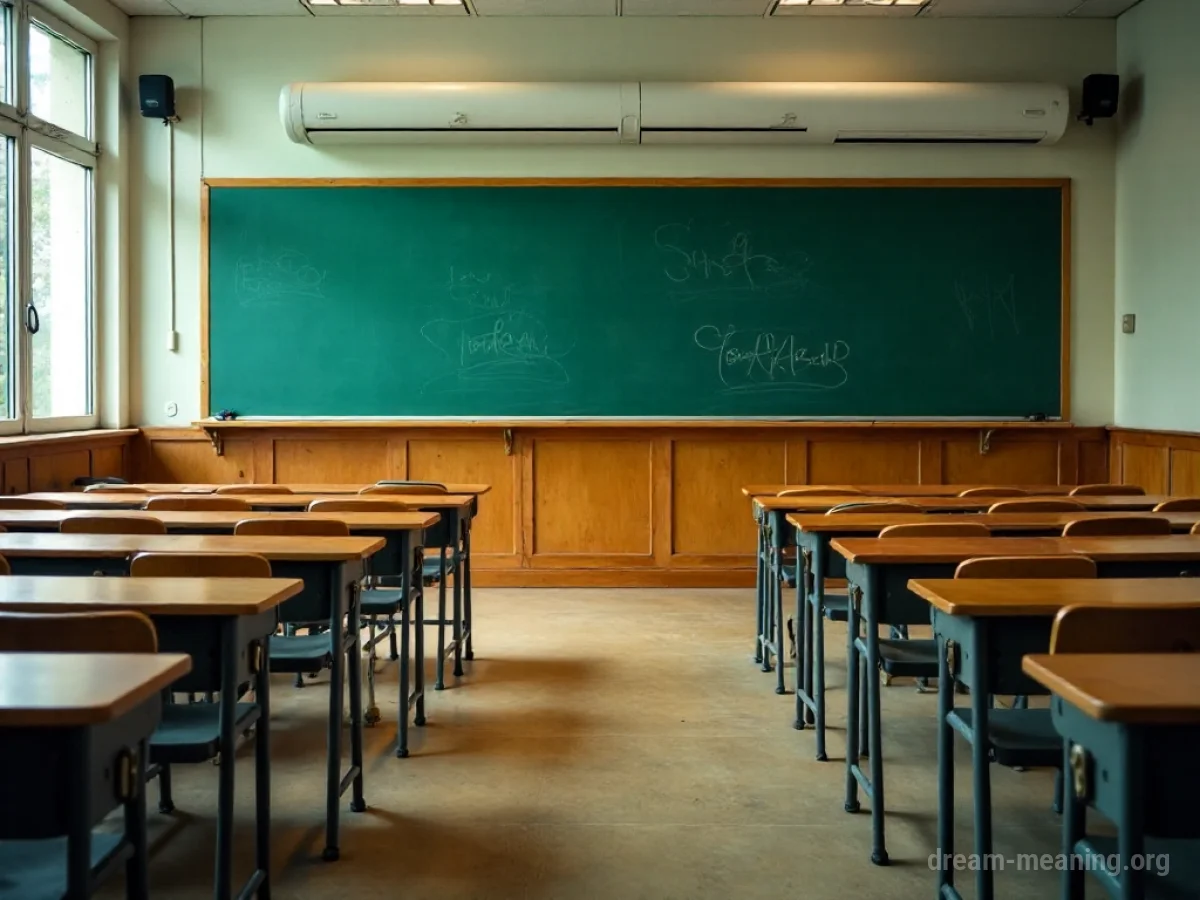An empty classroom with desks and a blackboard.