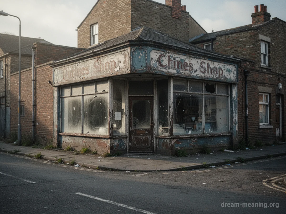 An empty corner shop with dusty windows and a faded sign.