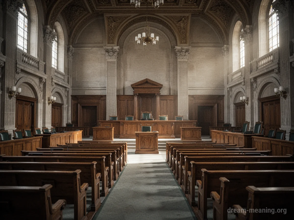 An empty courtroom with wooden benches and a large judge's bench.