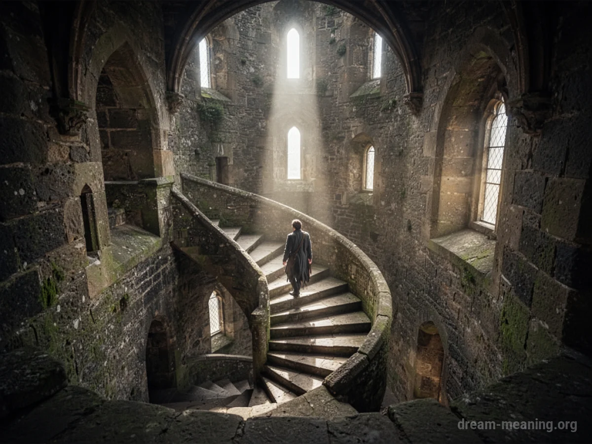 A person climbing a spiral staircase within a stone tower.