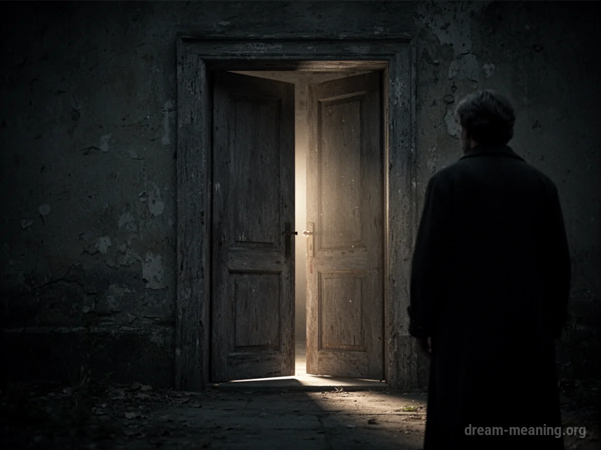A silhouette of a person hesitating at the entrance to a dark room.