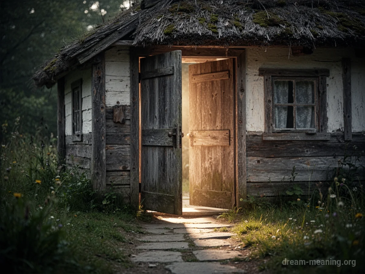 A rustic cottage door slightly open with light emanating from within.