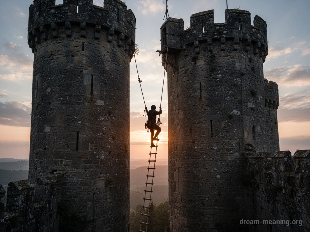Silhouette of a figure descending a rope ladder from a high tower.