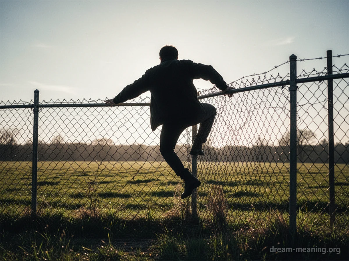 Silhouette of a person climbing over a chain-link fence towards an open field.