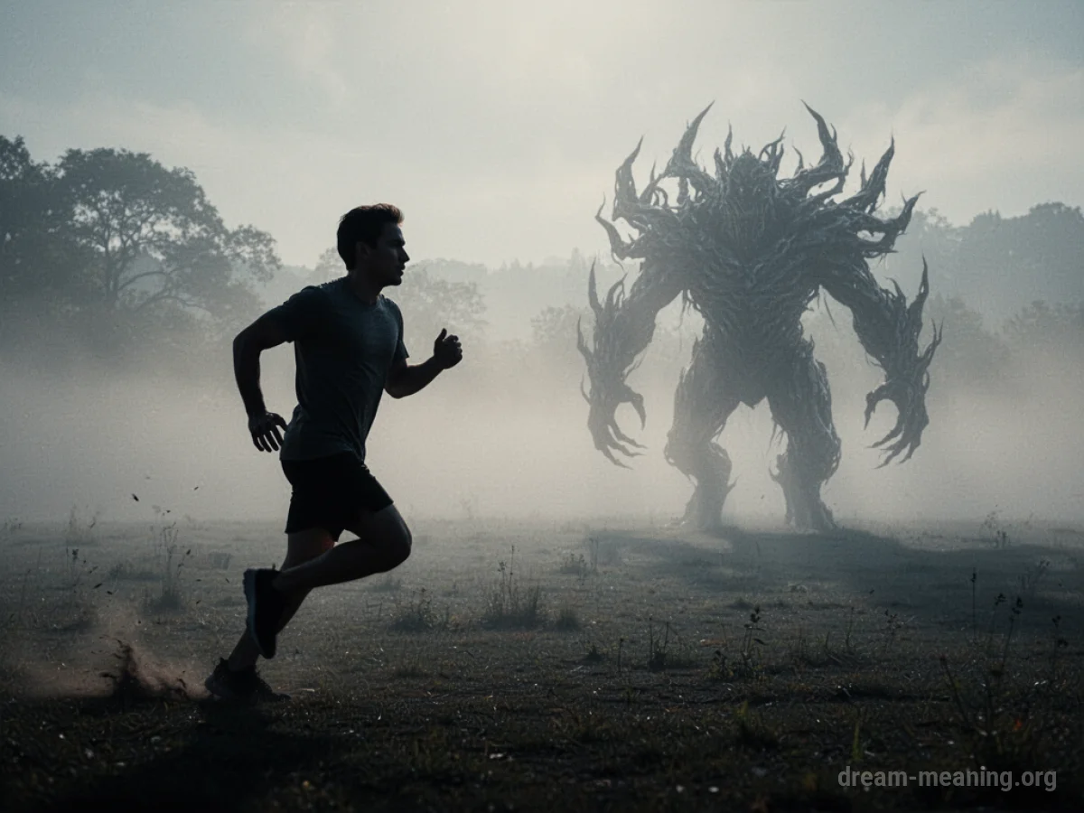 Silhouette of a person running away from a distant, indistinct monstrous shape in a foggy landscape.