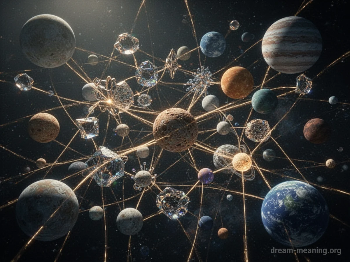 Glowing lines connecting diverse shapes and celestial bodies in space.