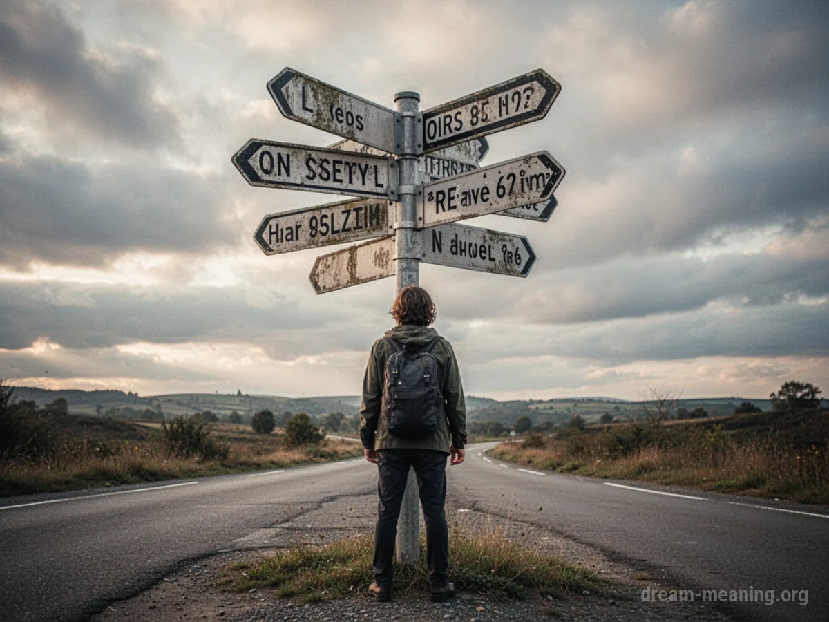 A person at a crossroads with signs pointing in random directions.