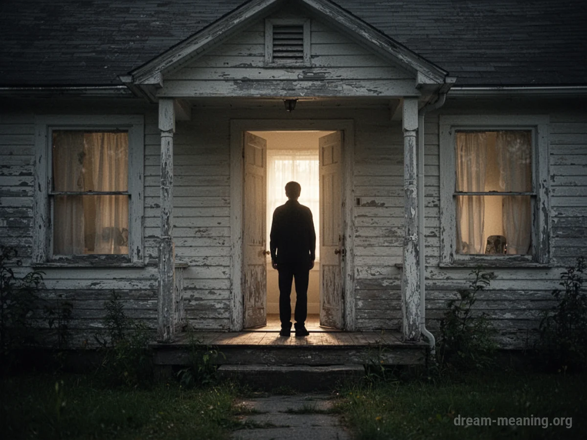 Silhouette of a person in the doorway of an old house.
