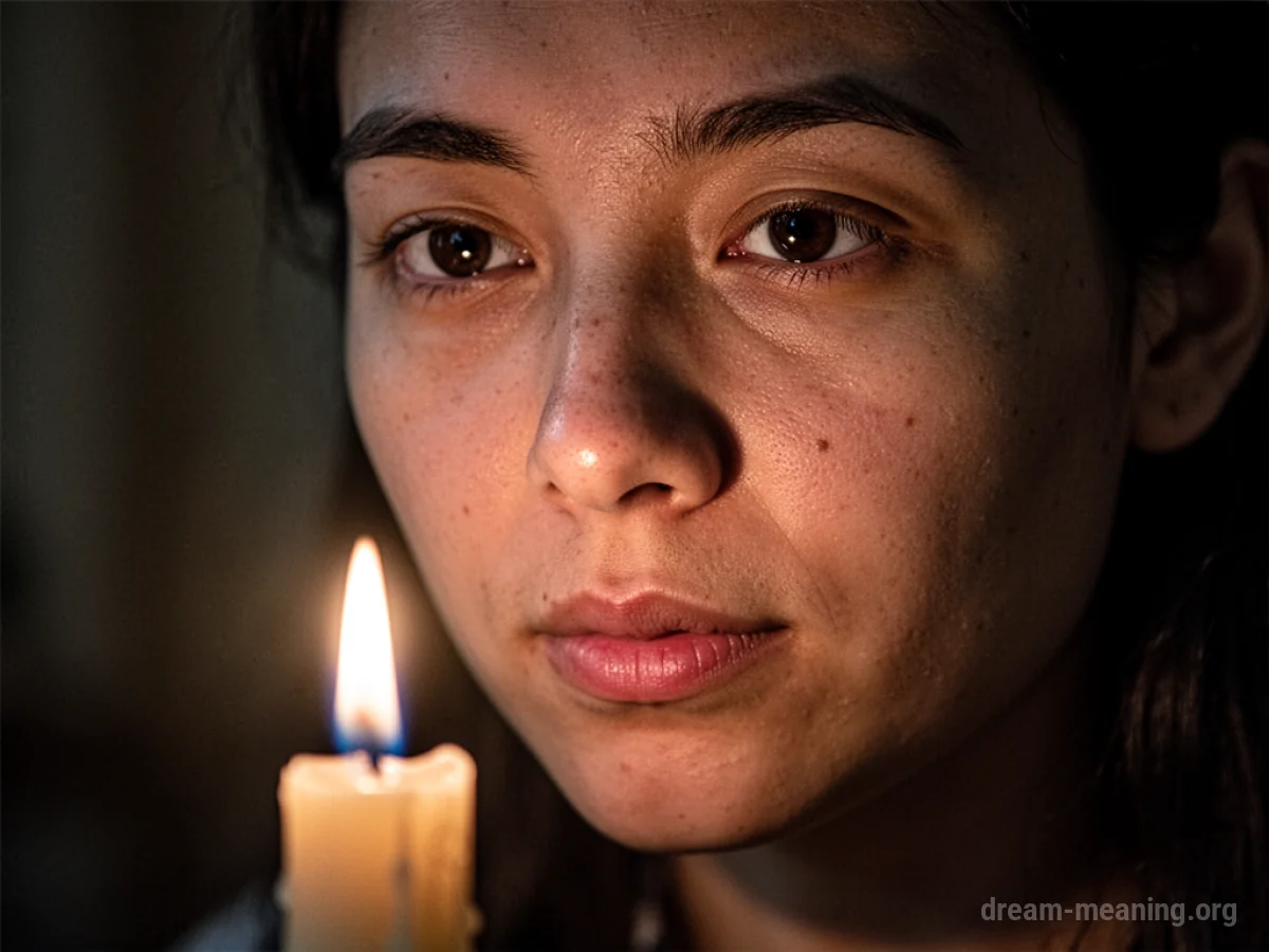 A human face illuminated by the soft glow of a single candle flame, with shadows defining the features.