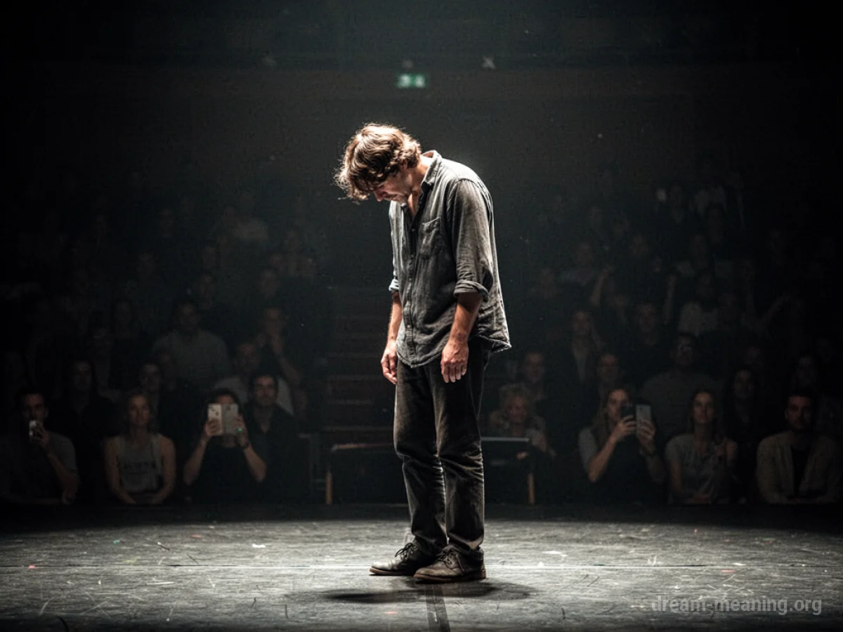 A lone person standing on an empty stage with their head bowed.