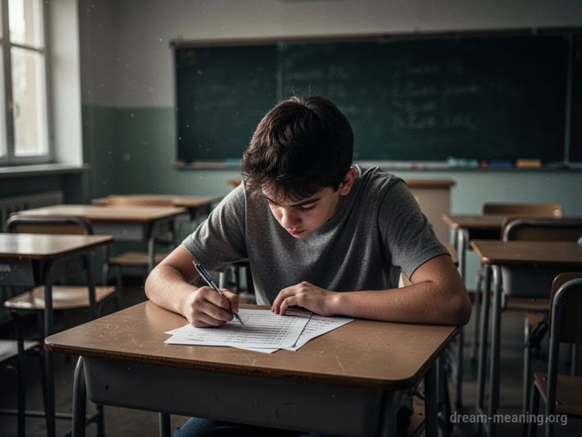 Student sitting alone at a desk in a classroom with a test paper.