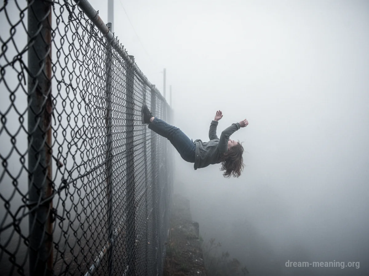 A silhouette of a person falling downwards away from a chain link fence.