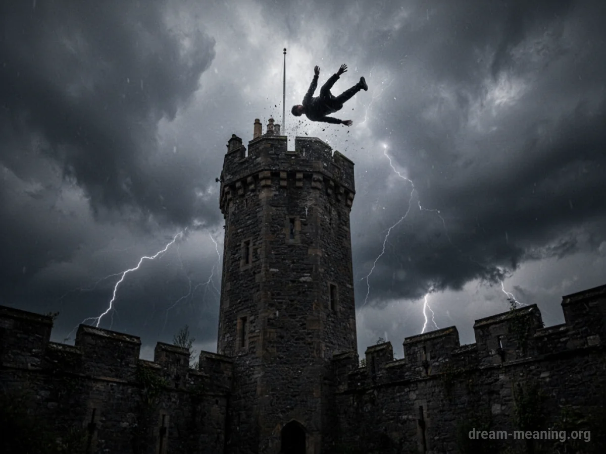 Silhouette of a person falling from a high castle tower.