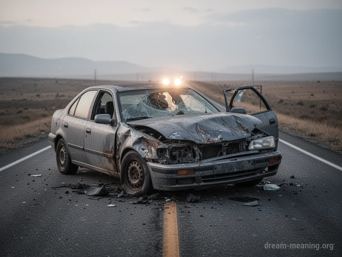 A crumpled car sits on the side of a road under a cloudy sky.