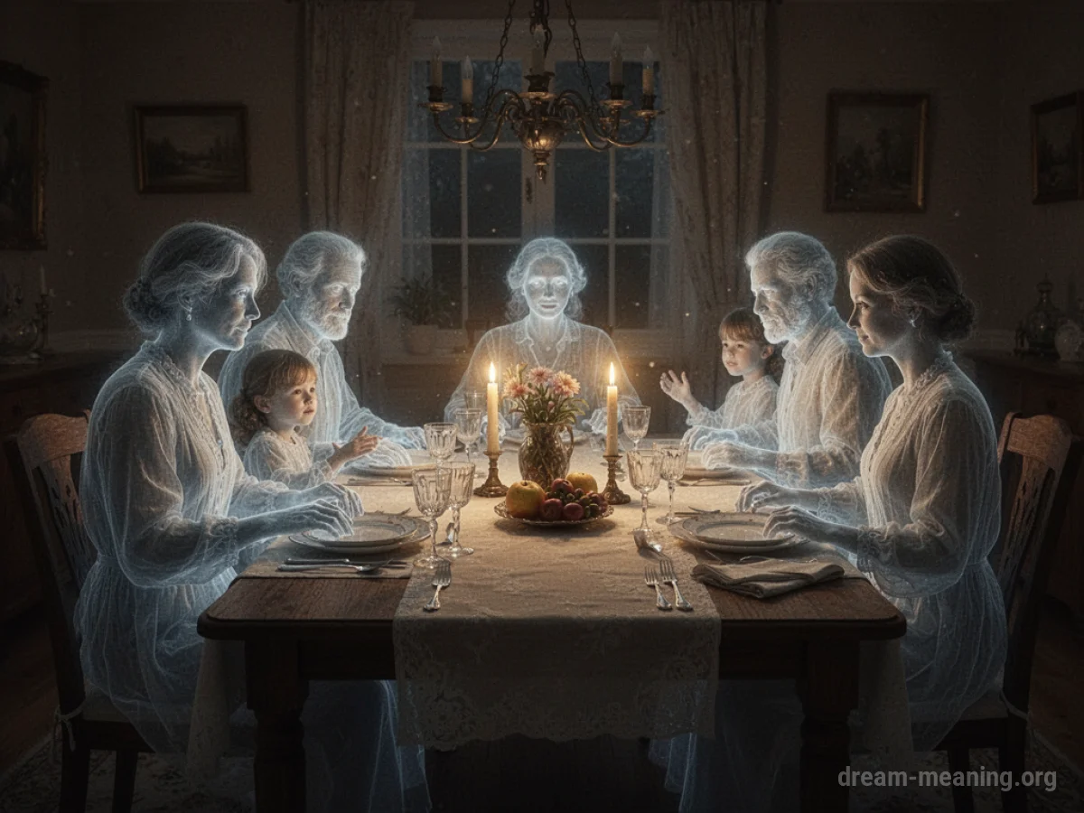 A dining table with ghostly figures of a family seated around it.