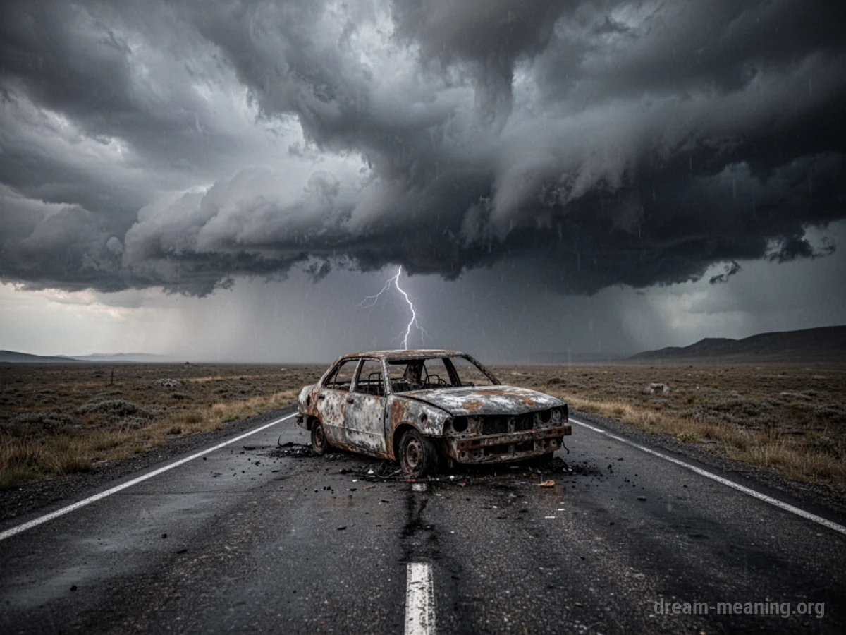 A broken car on an empty road with dark clouds overhead.