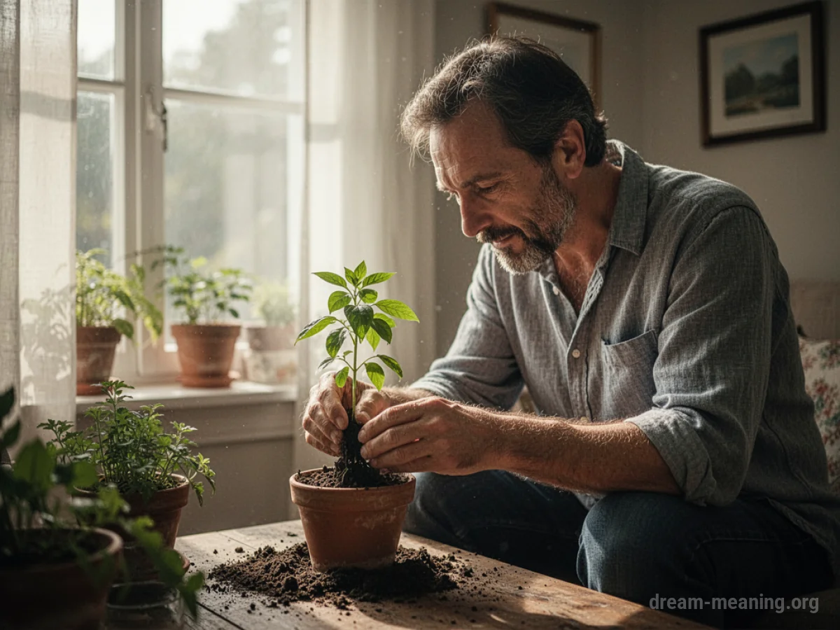 A man's hands carefully watering a small green seedling.
